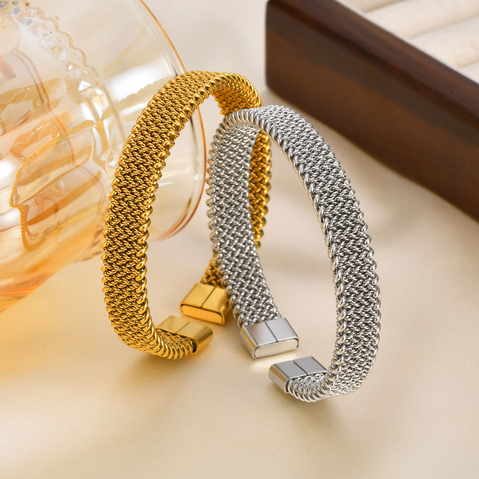 Mesh Strap Metal - Pulseira aberta trançada elástica de 10mm,